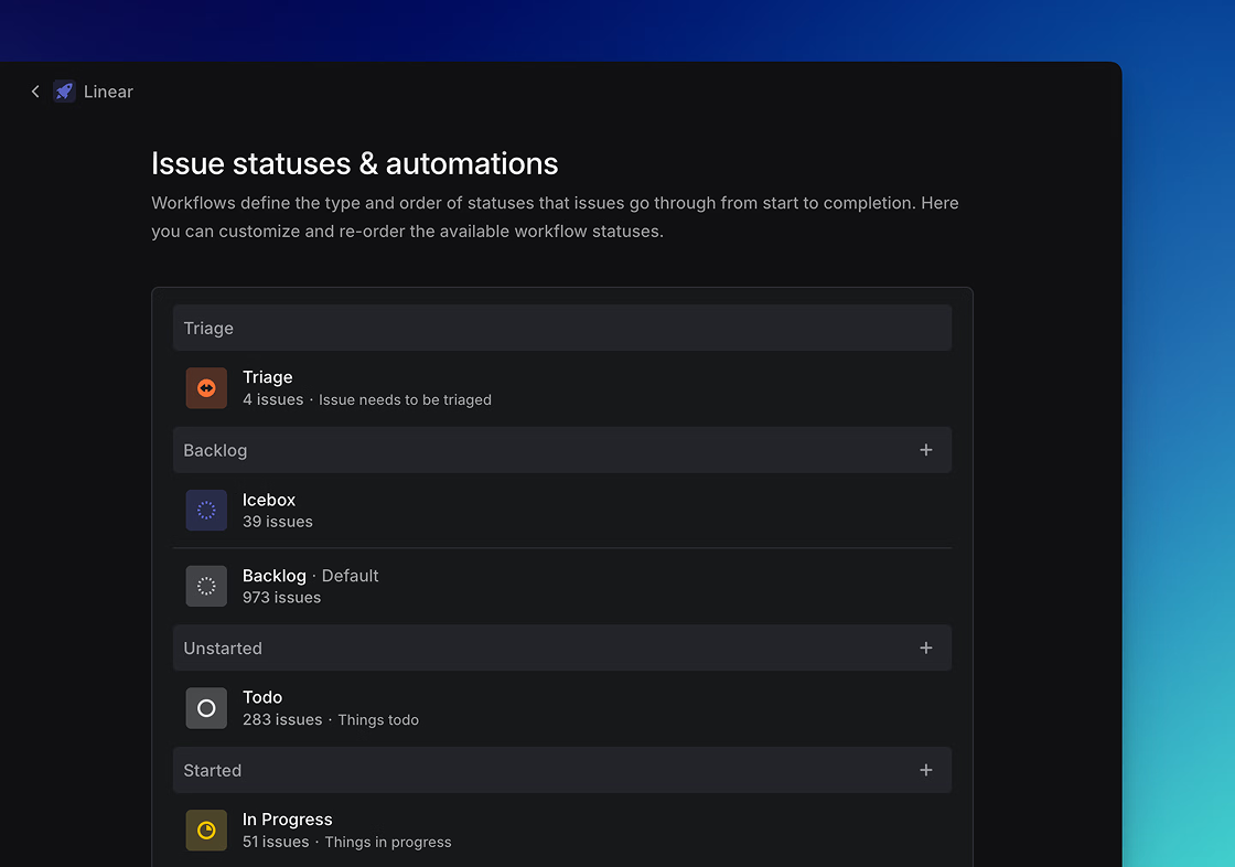The Linear window, with the status picker open over a list of issues and a status icon on each